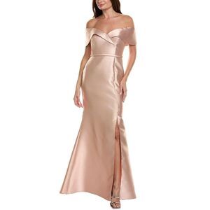Rene Ruiz Womens Off-Shoulder Fit & Flare Gown, Tan